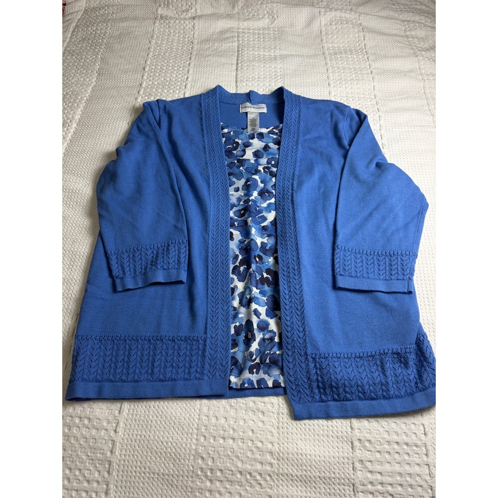 Alfred Dunner Blue Floral 2-in-1 Cardigan Sweater Size M GrandmaCore Office